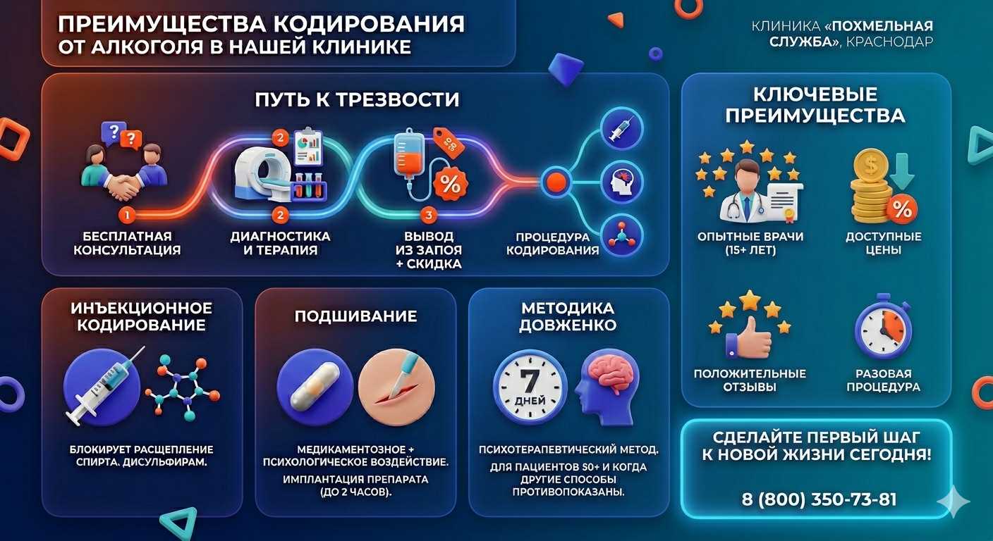 Инфографика о методах кодирования от алкоголя в Асино: инъекции, подшивание, метод Довженко. Преимущества клиники и этапы лечения.